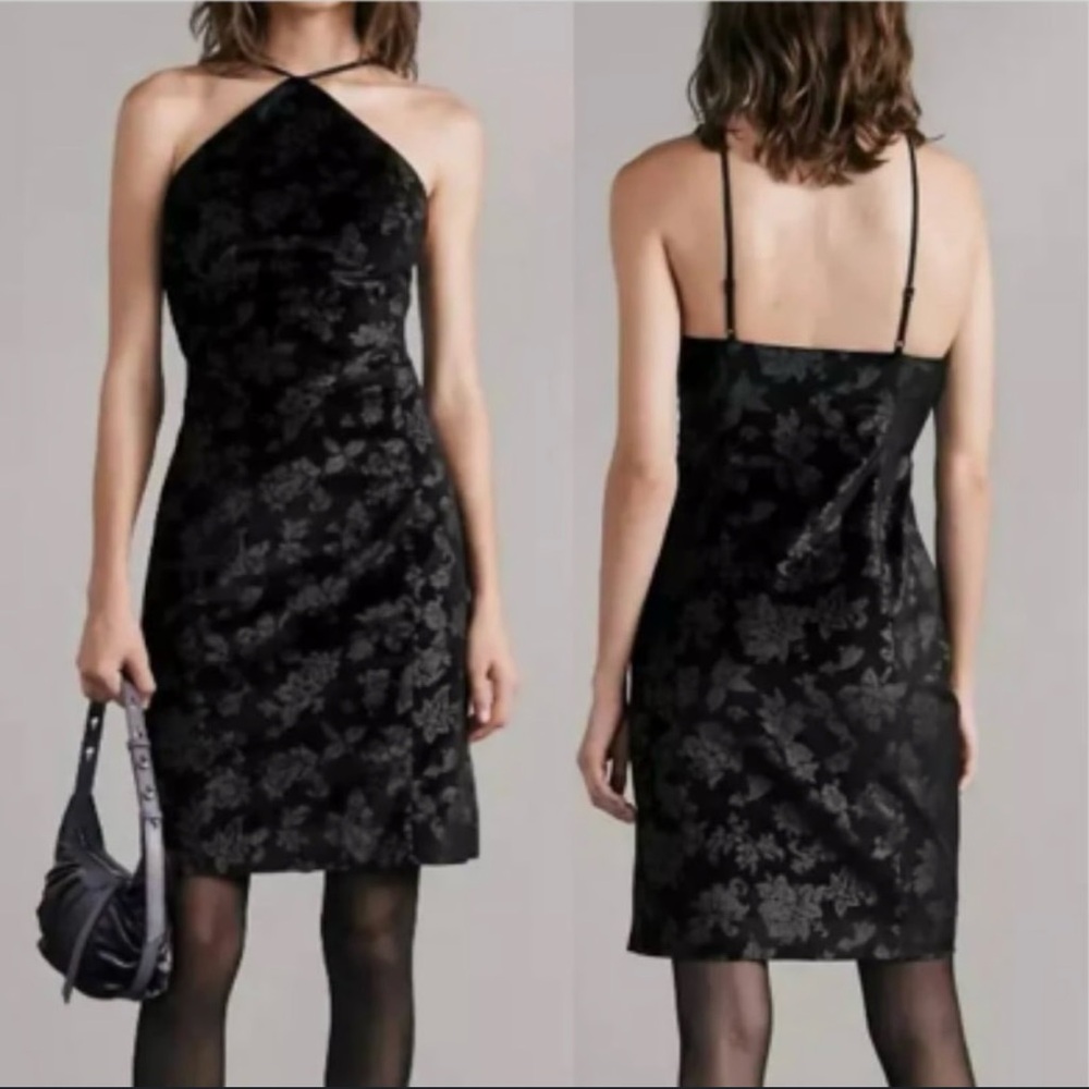 NWT Rag & Bone Fara Velvet Black Retro Floral Mini Sheath Halter Dress Size 4